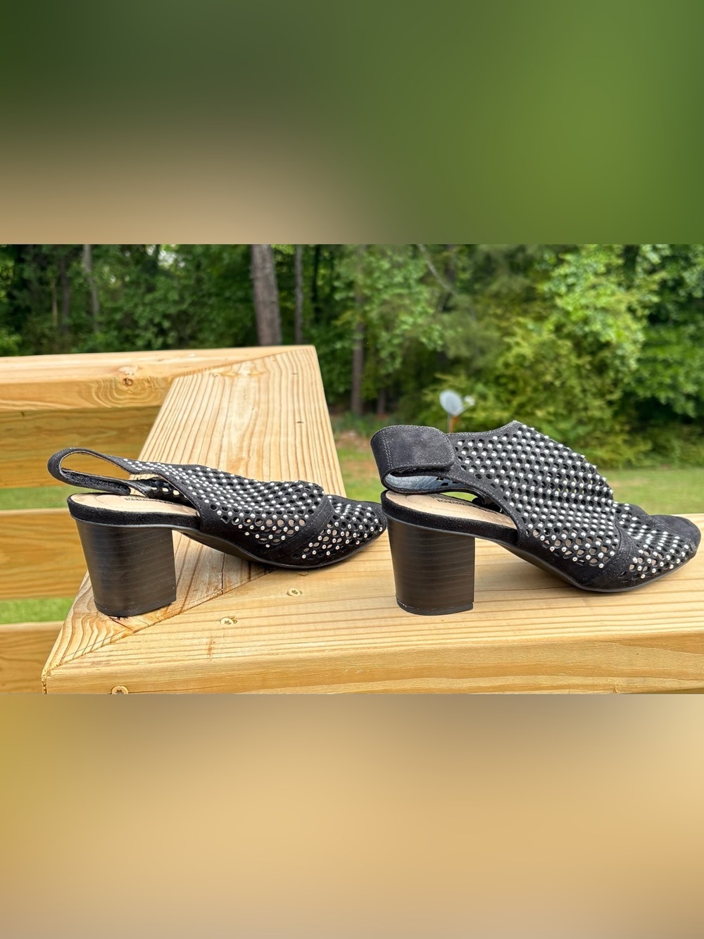 Kim Rogers Black Suede Open-Back Block Heel Mules with Stud Accents